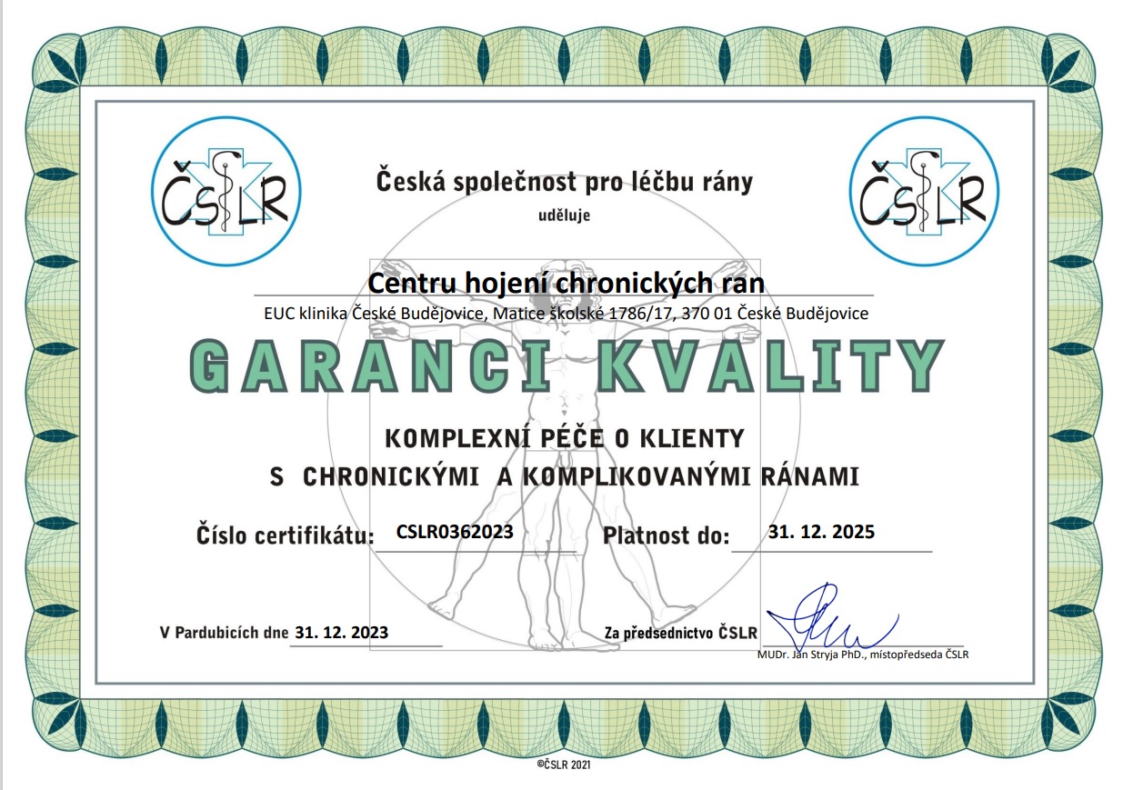 Centrum hojení chronických ran EUC Kliniky v Českých Budějovicích získalo certifikát Garance kvality za vynikající péči